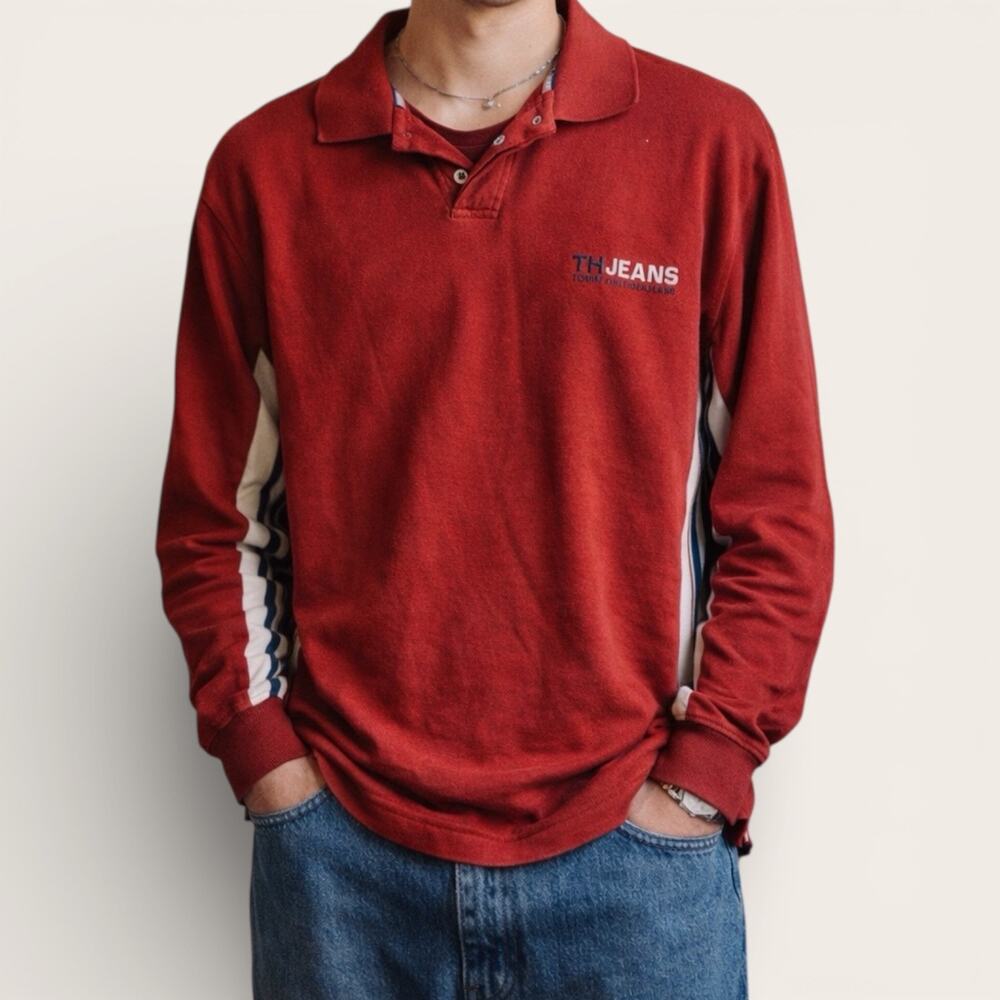Vintage 2000 Tommy Jeans Red Long Sleeve Polo Shirt Size Medium